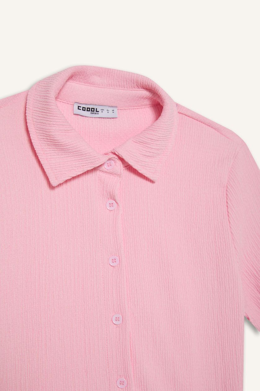 Kadın Pembe Fitted Bürümcük Kısa Kollu Gömlek