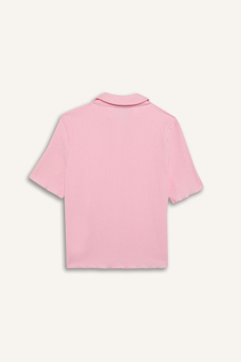 Kadın Pembe Fitted Bürümcük Kısa Kollu Gömlek