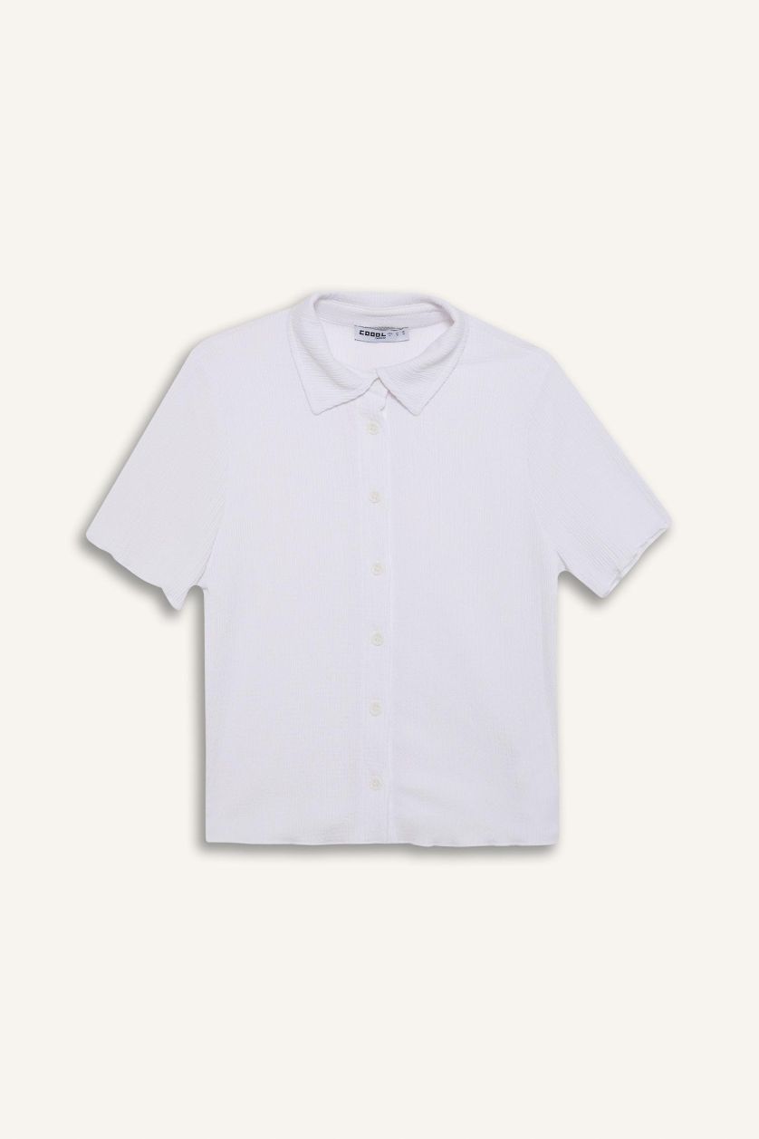 Kadın Beyaz Fitted Bürümcük Kısa Kollu Gömlek