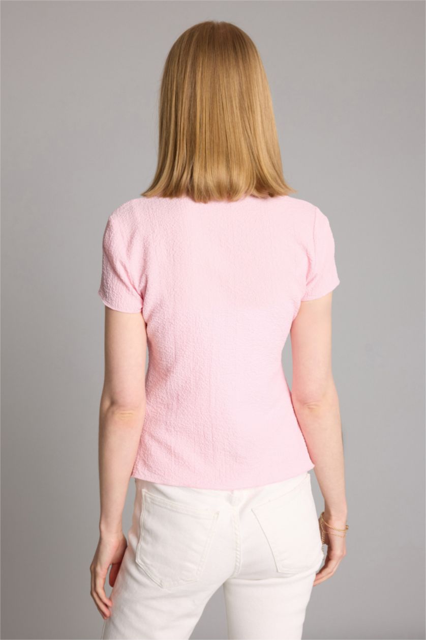 Woman Light Pink Slim Fit Short Sleeve Shirt