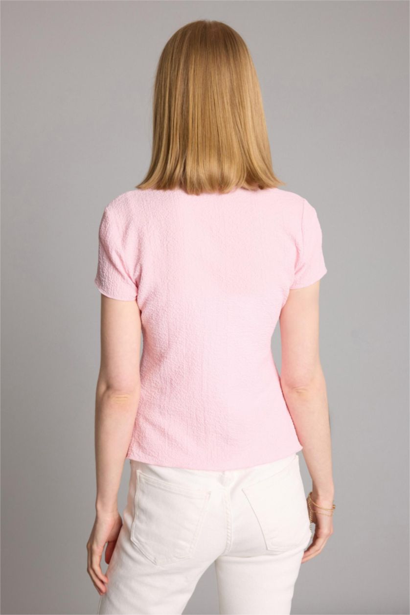 Woman Light Pink Slim Fit Short Sleeve Shirt
