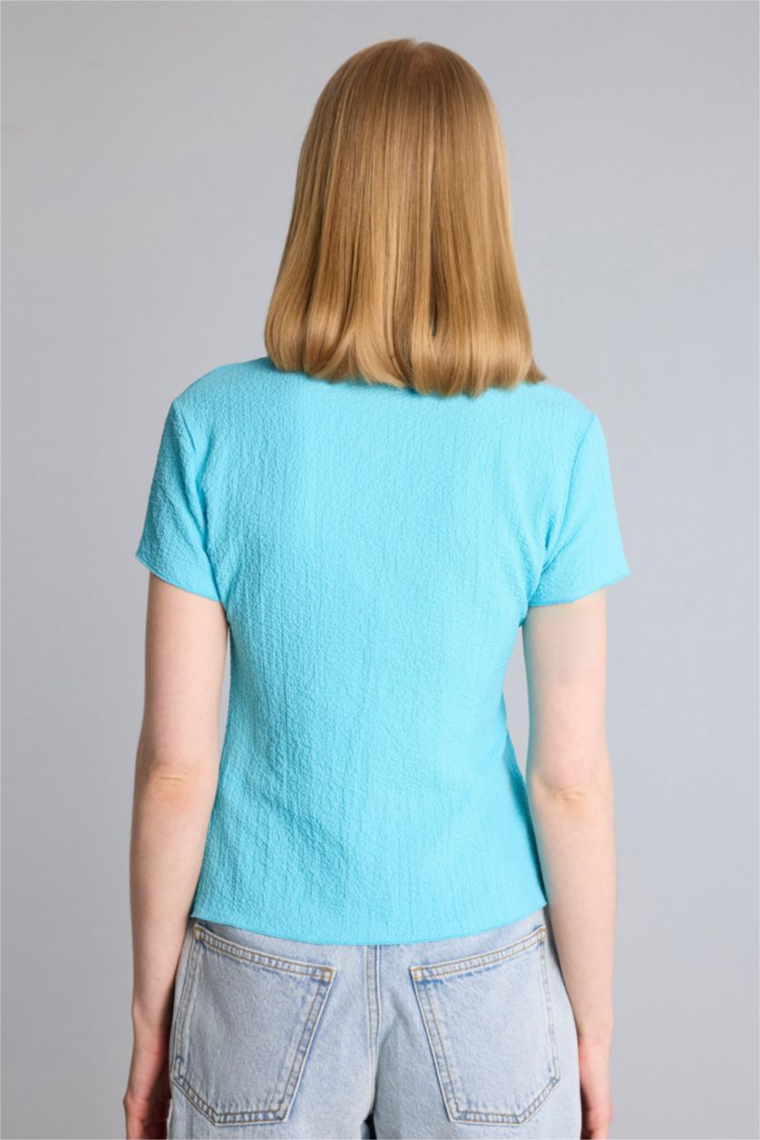 Kadın Deniz Mavisi Fitted Kırışık Dokulu Kumaş Gömlek