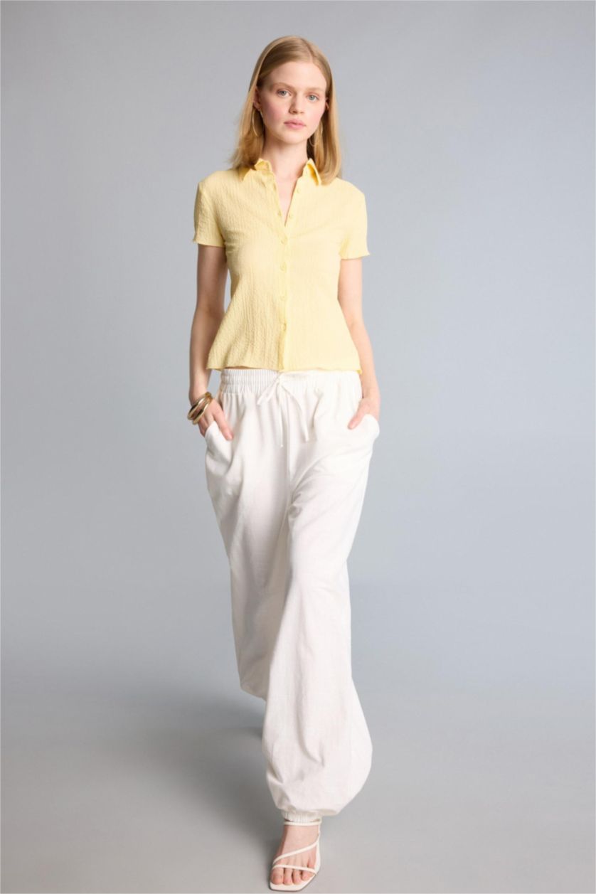 Женщины Желтый Рубашка Fitted из ткани букле с рубашечным воротником и коротким рукавом