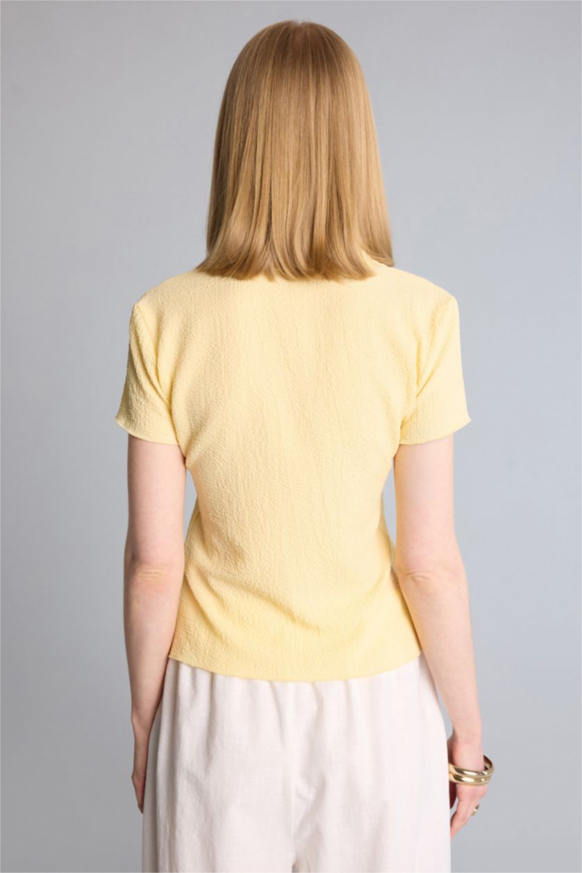 Женщины Желтый Рубашка Fitted из ткани букле с рубашечным воротником и коротким рукавом