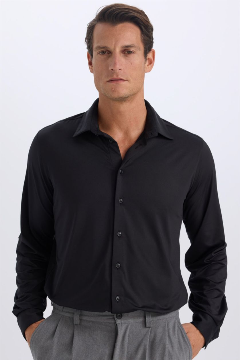 Man Black Slim Fit Polo Collar Long Sleeve Shirt