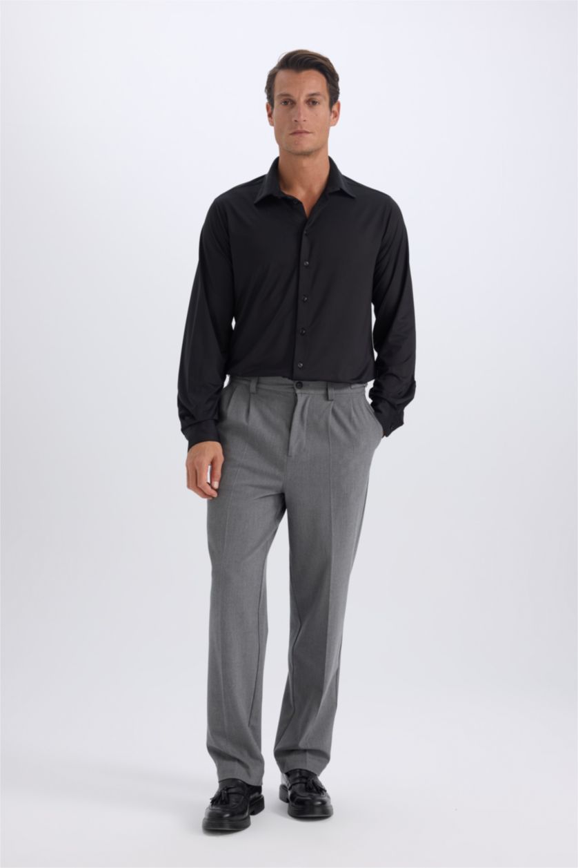 Man Black Slim Fit Polo Collar Long Sleeve Shirt