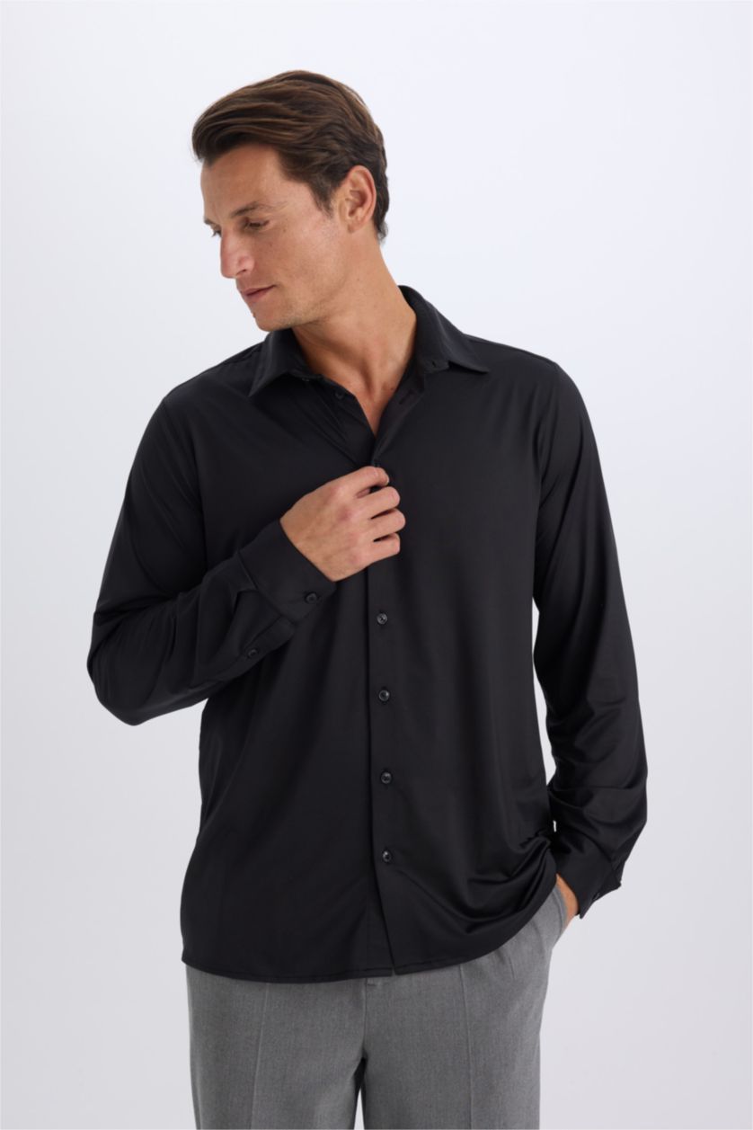 Man Black Slim Fit Polo Collar Long Sleeve Shirt