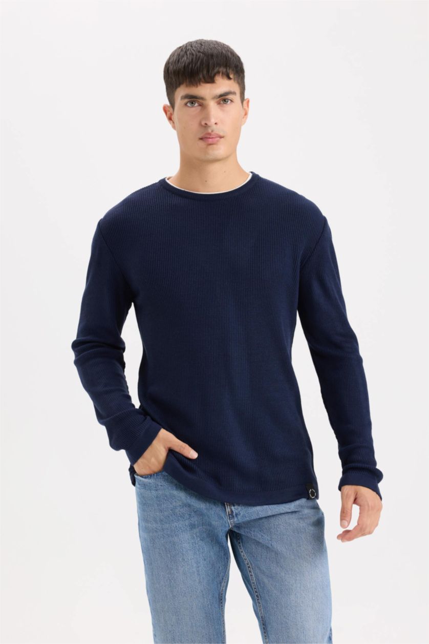 HOMME Marin Pull en Tricot à Col rond et Coupe standard