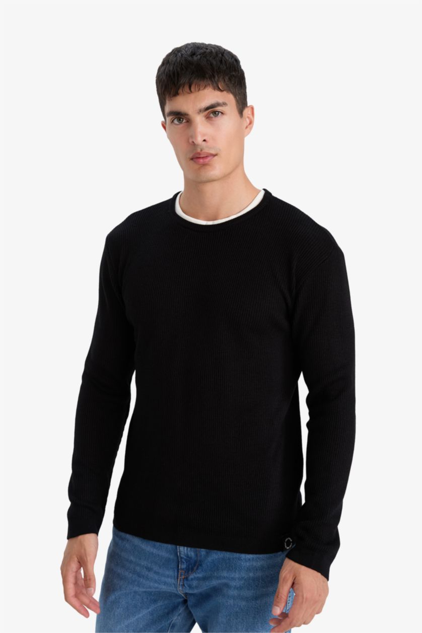 HOMME Noir Pull en maille à col rond Coupe décontractée