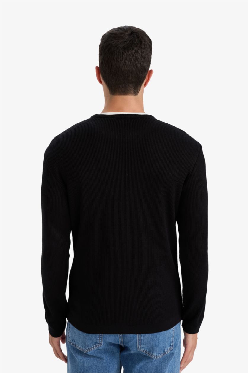 HOMME Noir Pull en maille à col rond Coupe décontractée