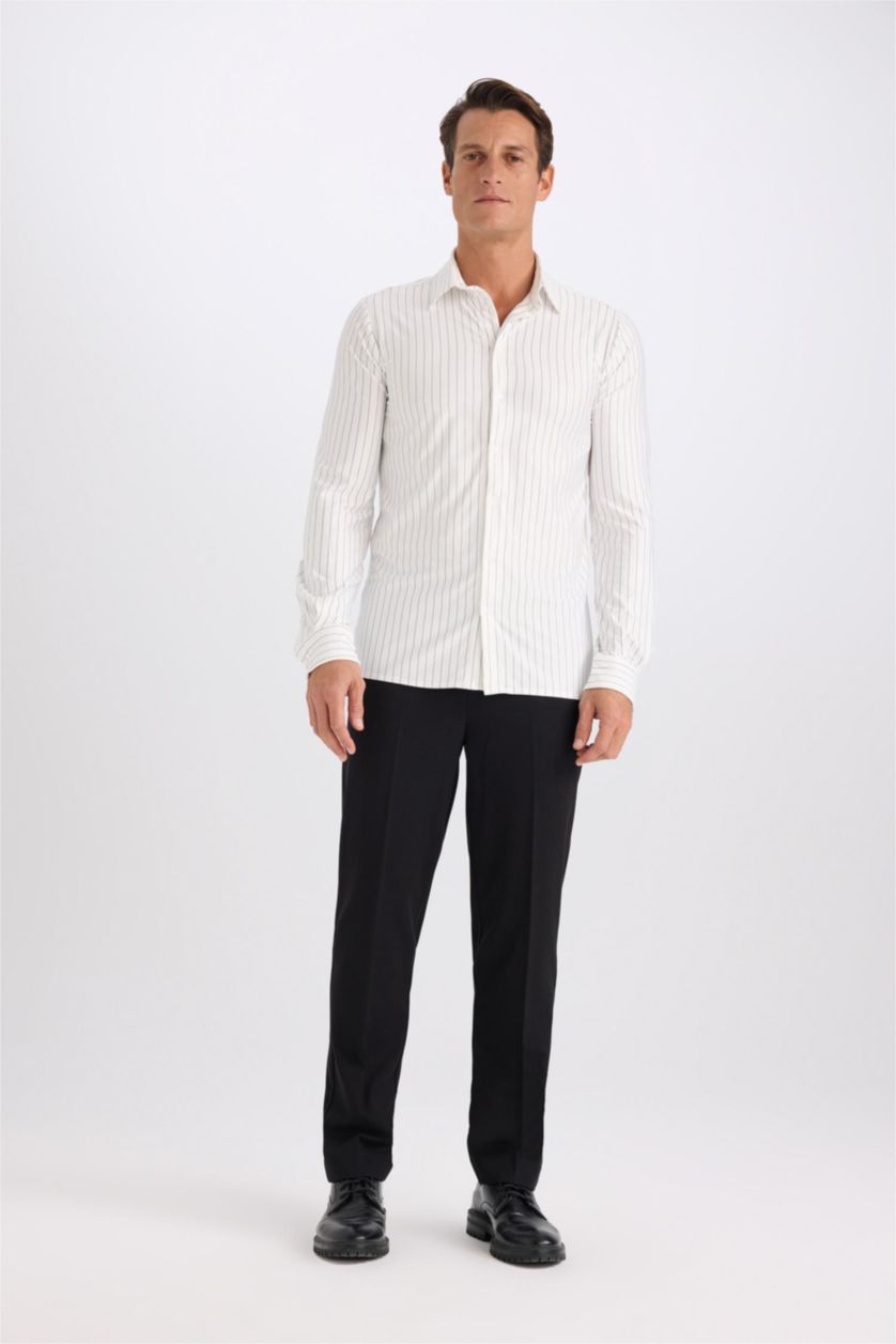 Erkek Beyaz Slim Fit Dar Kesim Polo Yaka Uzun Kollu Gömlek