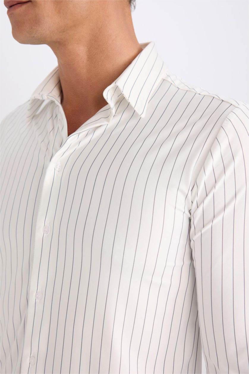 Erkek Beyaz Slim Fit Dar Kesim Polo Yaka Uzun Kollu Gömlek