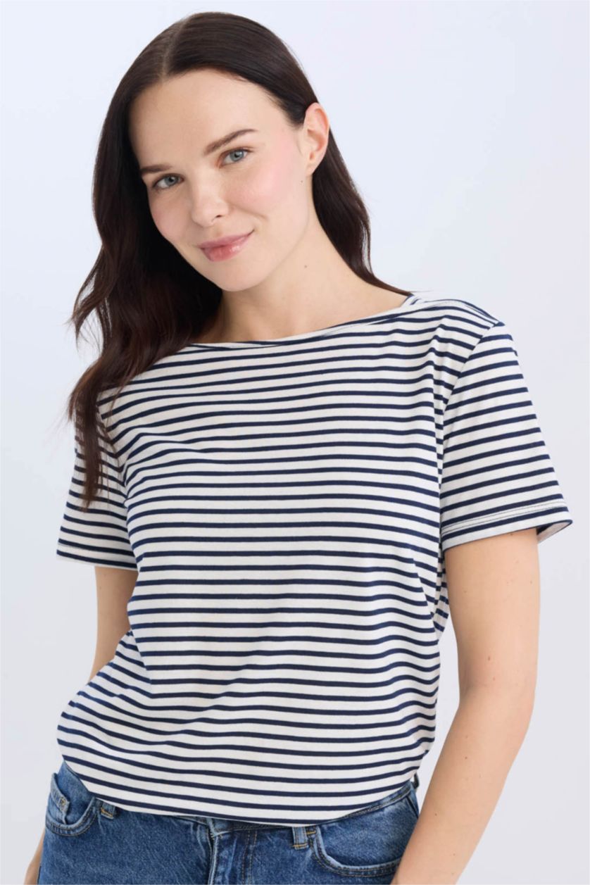 WOMAN NAVY Regular Fit Boat Neck Striped Short Sleeve T-Shirt