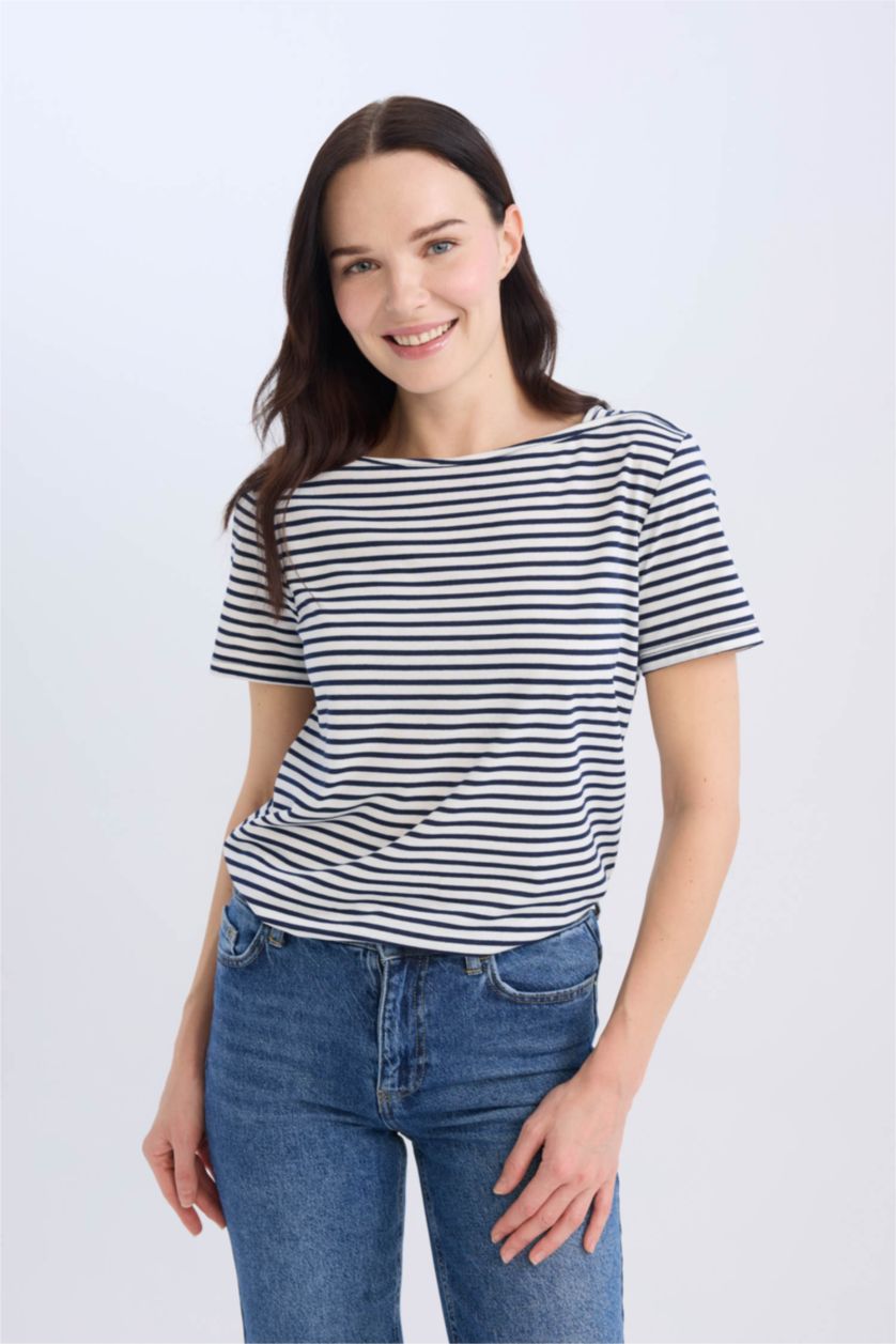 WOMAN NAVY Regular Fit Boat Neck Striped Short Sleeve T-Shirt