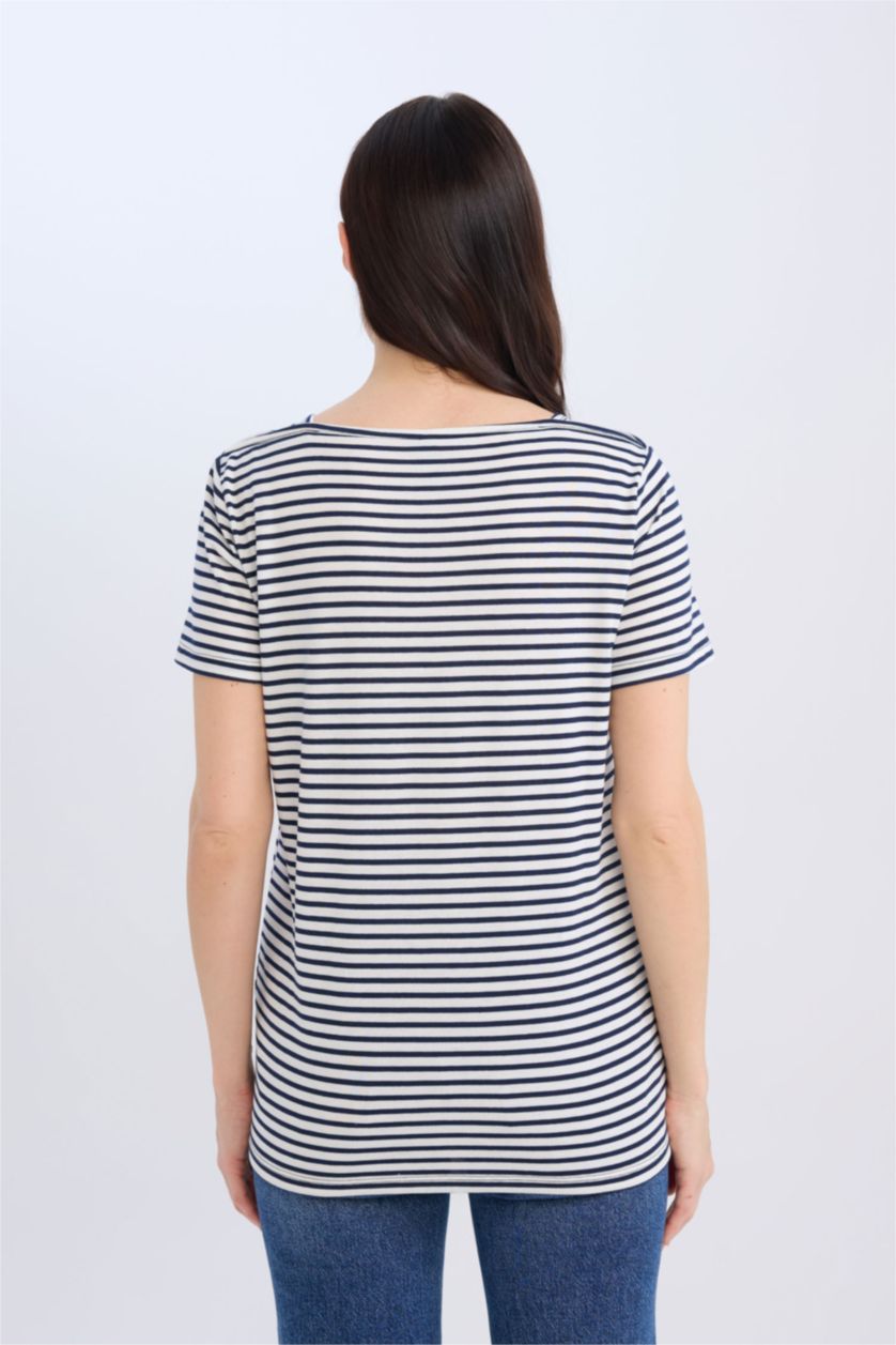 WOMAN NAVY Regular Fit Boat Neck Striped Short Sleeve T-Shirt