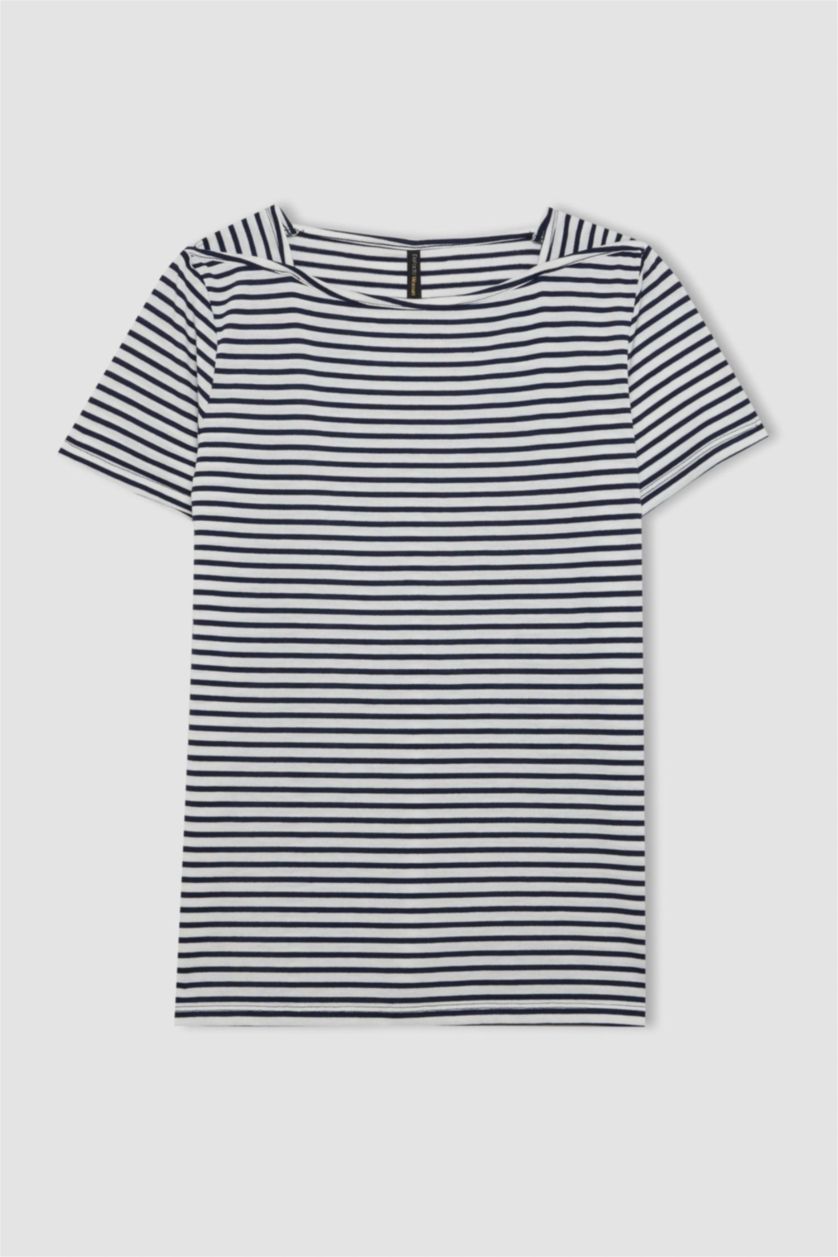 WOMAN NAVY Regular Fit Boat Neck Striped Short Sleeve T-Shirt