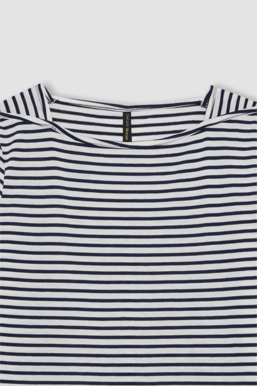 WOMAN NAVY Regular Fit Boat Neck Striped Short Sleeve T-Shirt