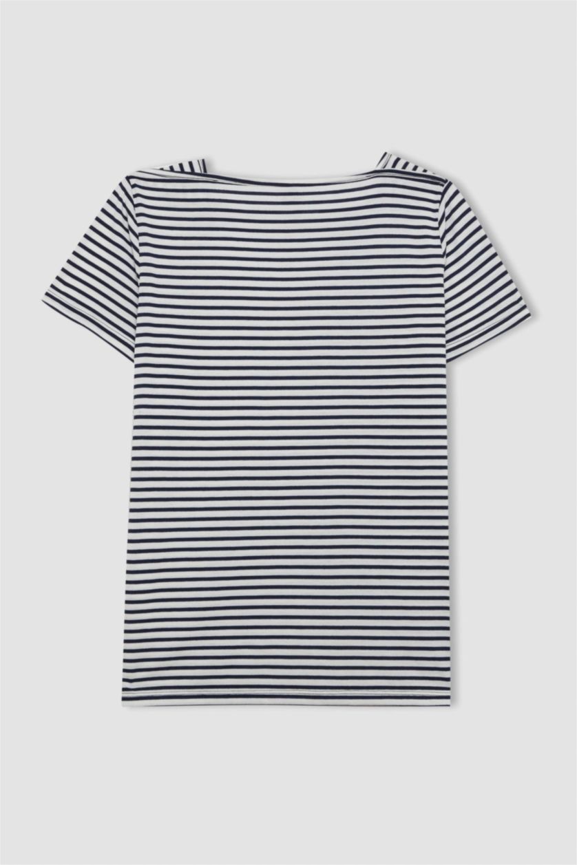 WOMAN NAVY Regular Fit Boat Neck Striped Short Sleeve T-Shirt