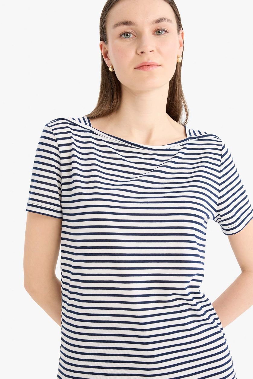 WOMAN NAVY Regular Fit Boat Neck Striped Short Sleeve T-Shirt