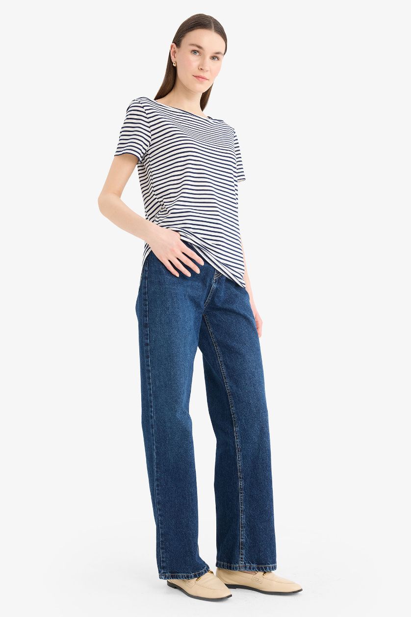 WOMAN NAVY Regular Fit Boat Neck Striped Short Sleeve T-Shirt