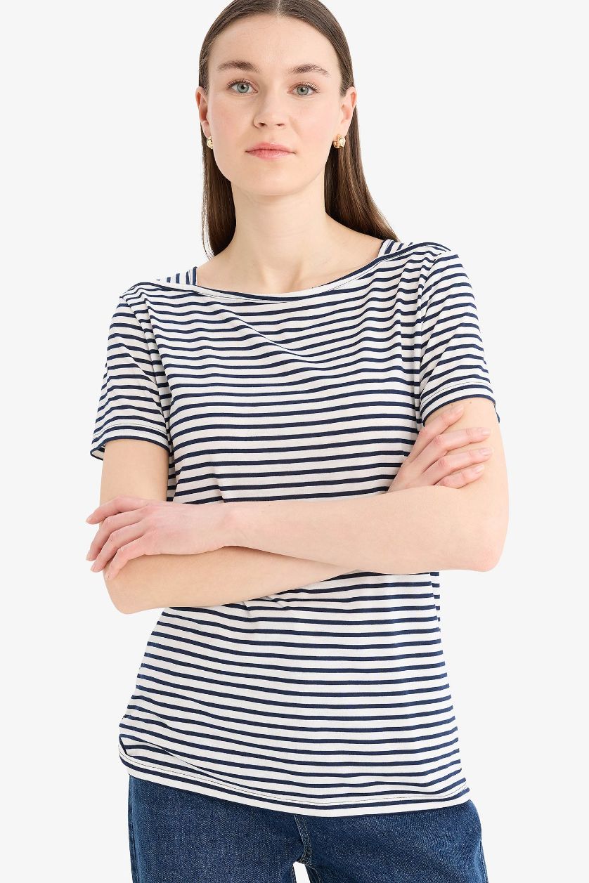 WOMAN NAVY Regular Fit Boat Neck Striped Short Sleeve T-Shirt