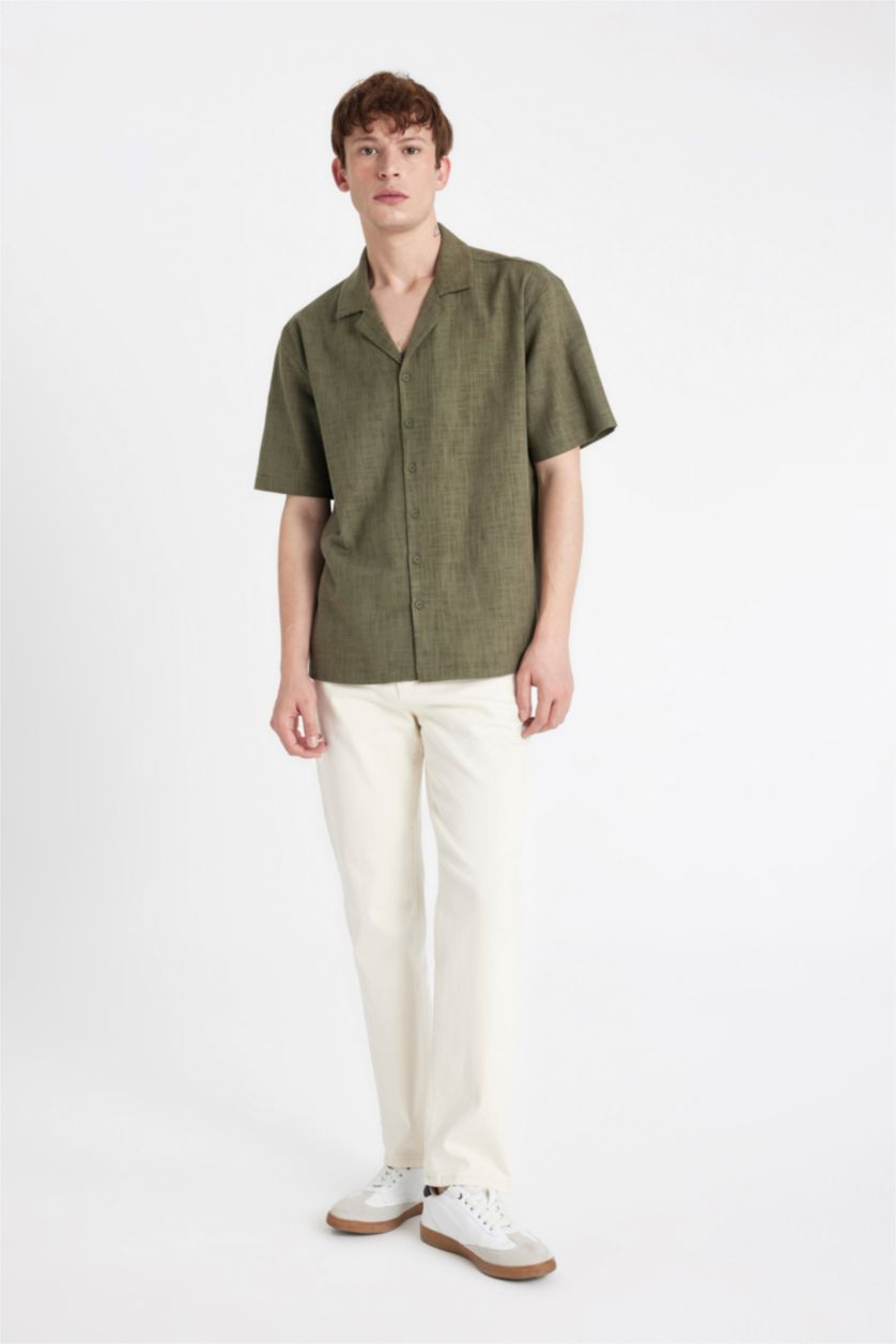 Man Light Khaki Relax Fit Polo Neck Cotton Shirt