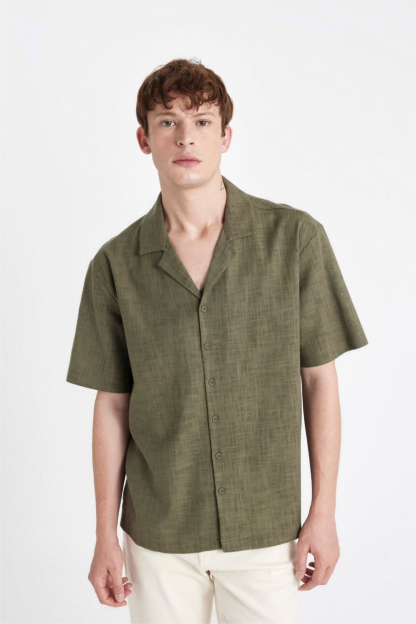 Man Light Khaki Relax Fit Polo Neck Cotton Shirt