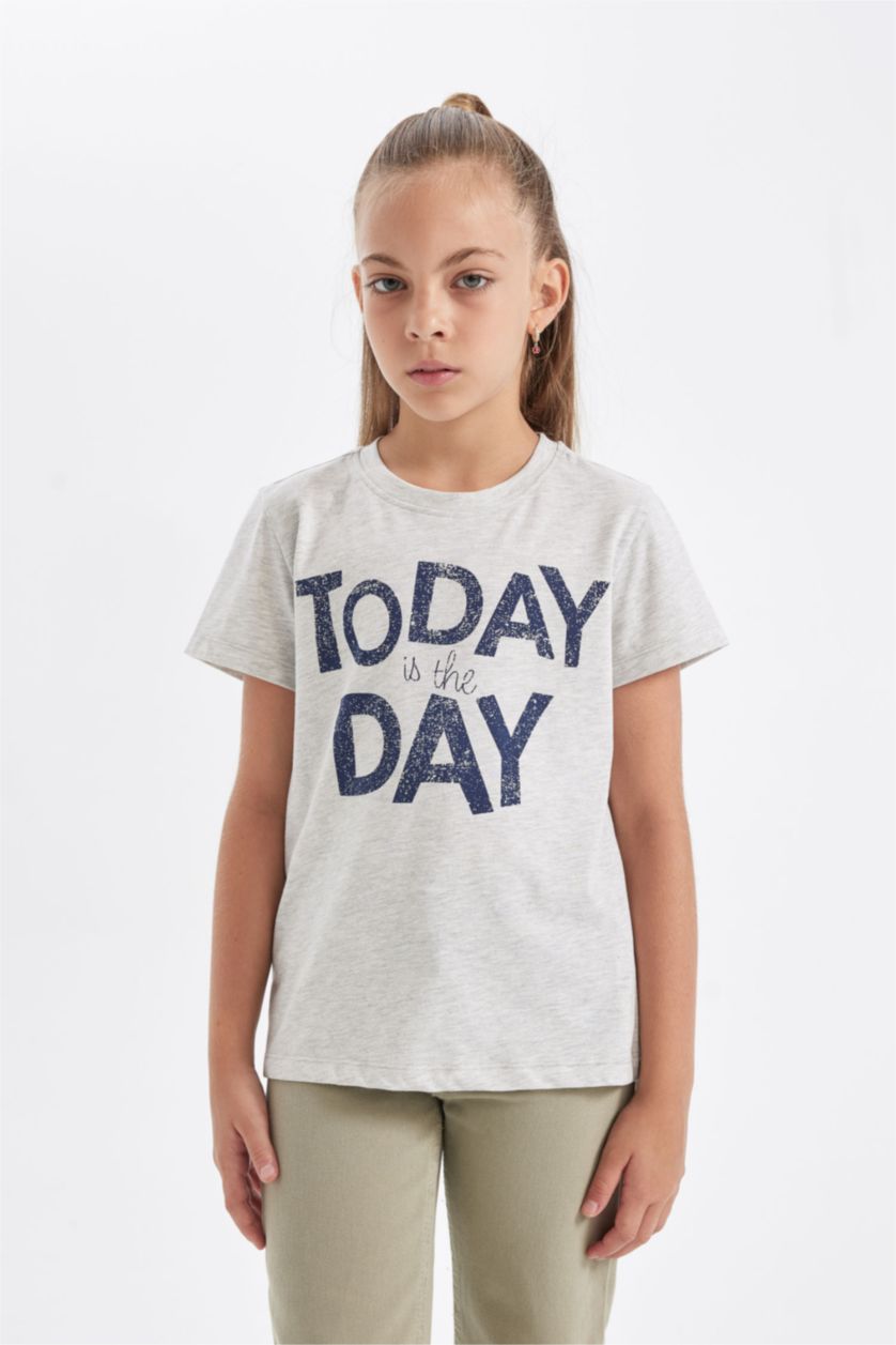 GIRLS & TEENS Grey Melange Girl Slim Fit Crew Neck Slogan Printed T-Shirt