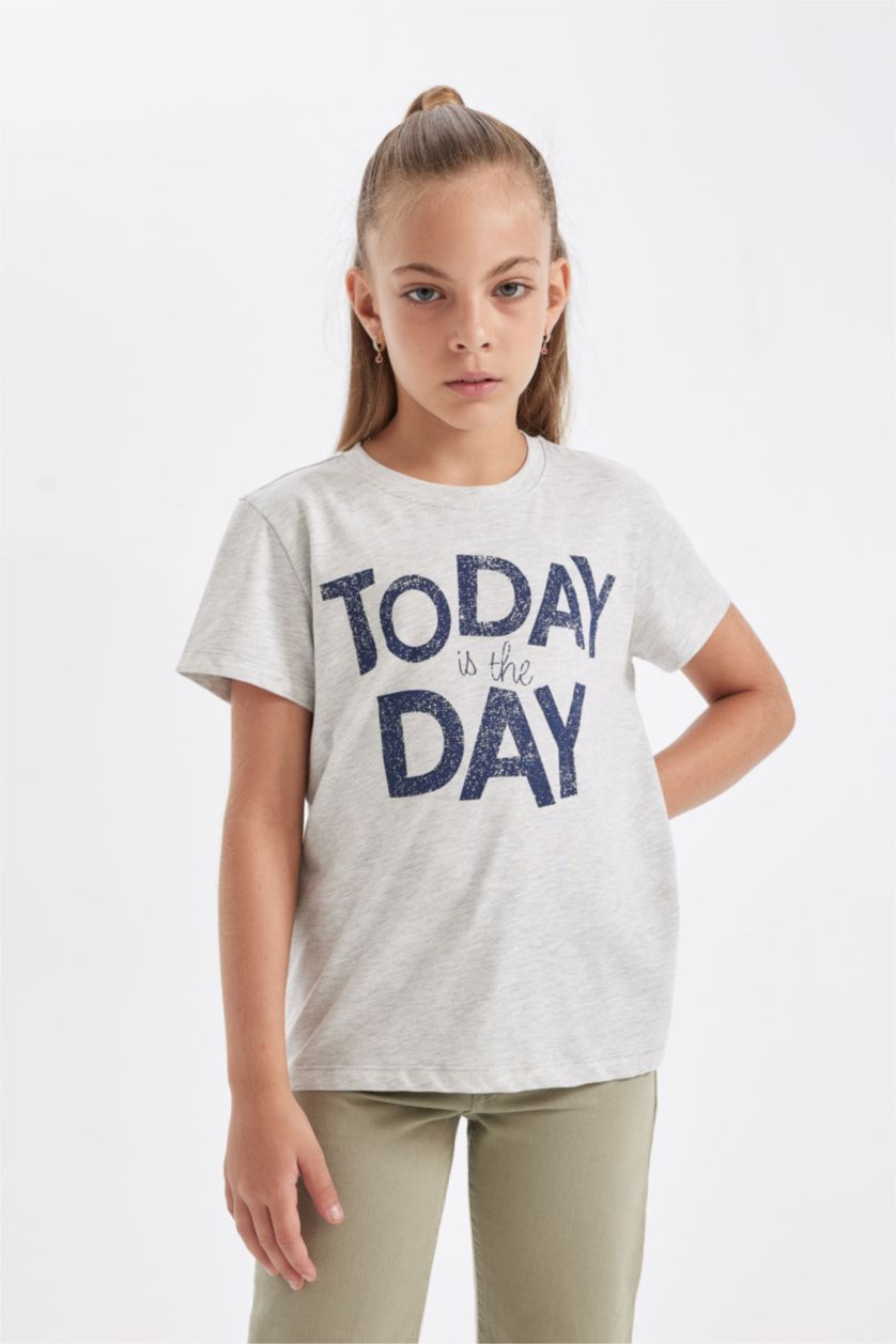 GIRLS & TEENS Grey Melange Girl Slim Fit Crew Neck Slogan Printed T-Shirt