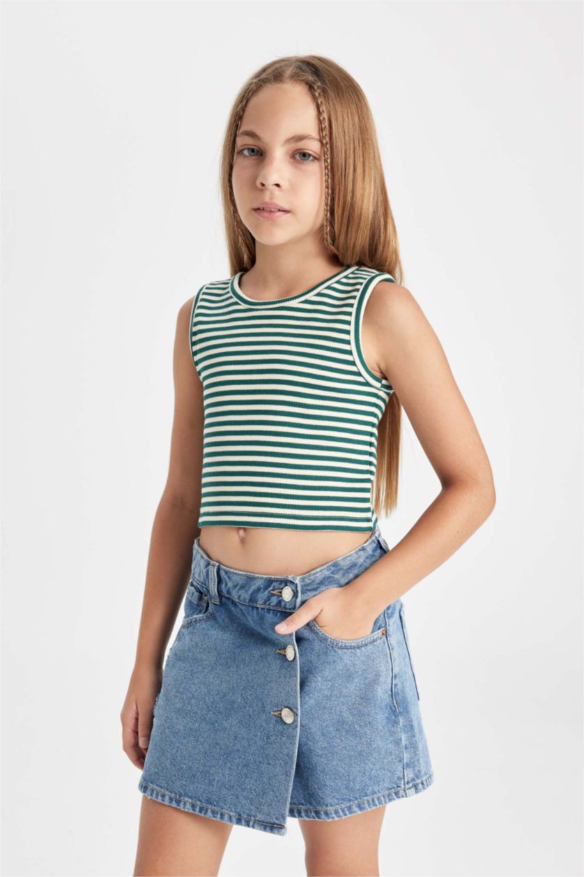 GIRLS & TEENS Green Girl Crew Neck Striped Crop Top