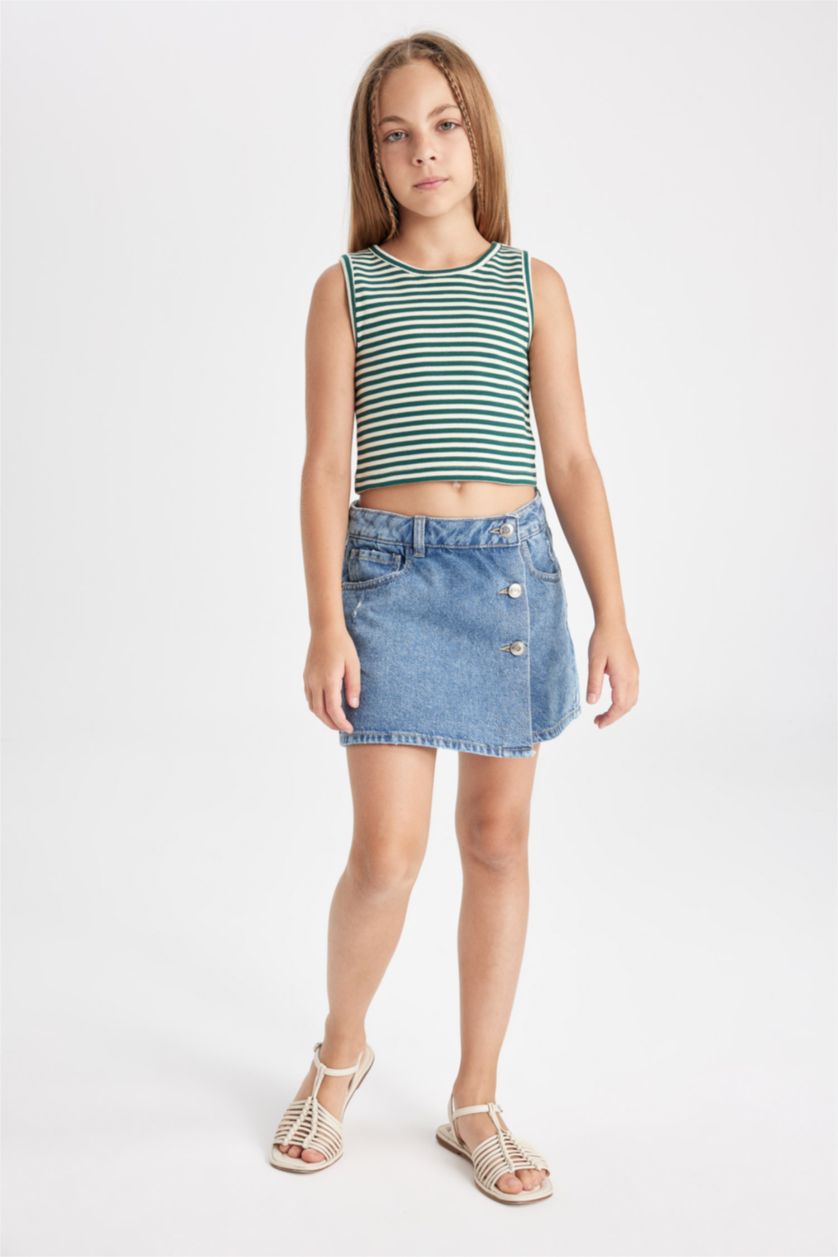 GIRLS & TEENS Green Girl Crew Neck Striped Crop Top
