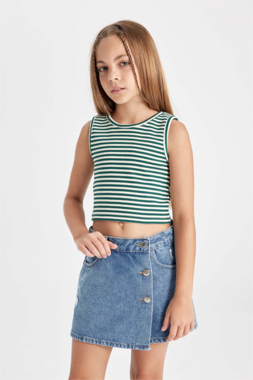 GIRLS & TEENS Green Girl Crew Neck Striped Crop Top
