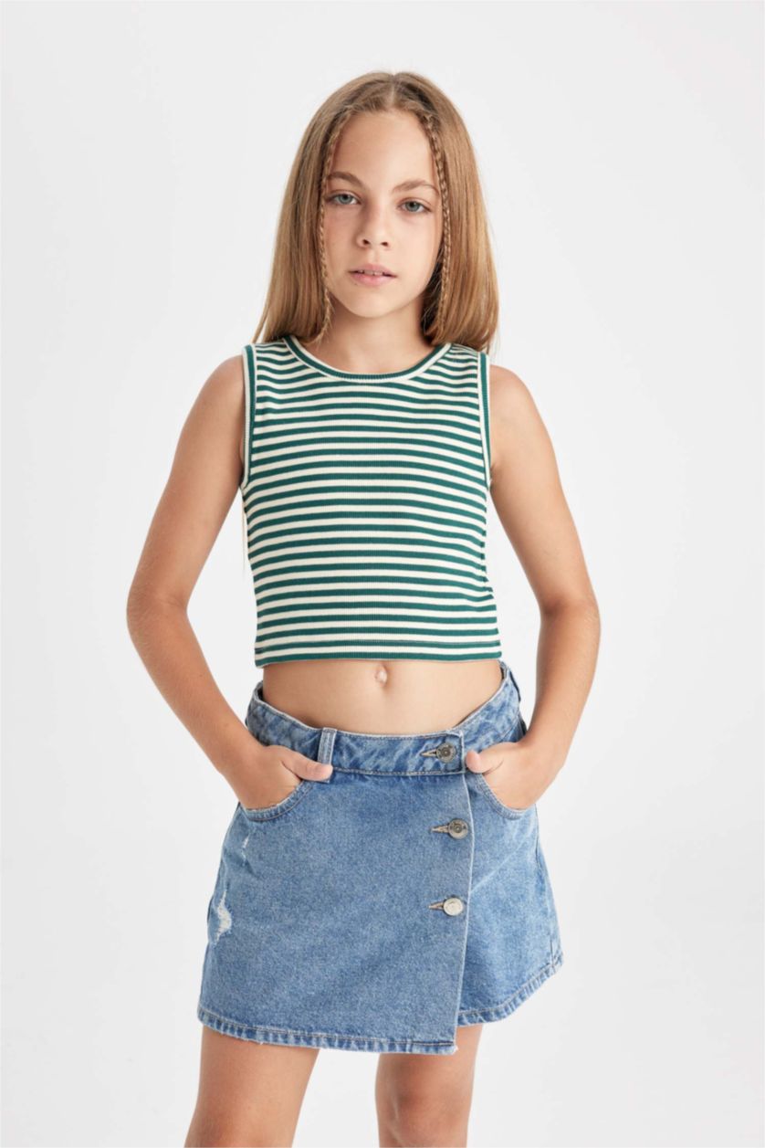 GIRLS & TEENS Green Girl Crew Neck Striped Crop Top