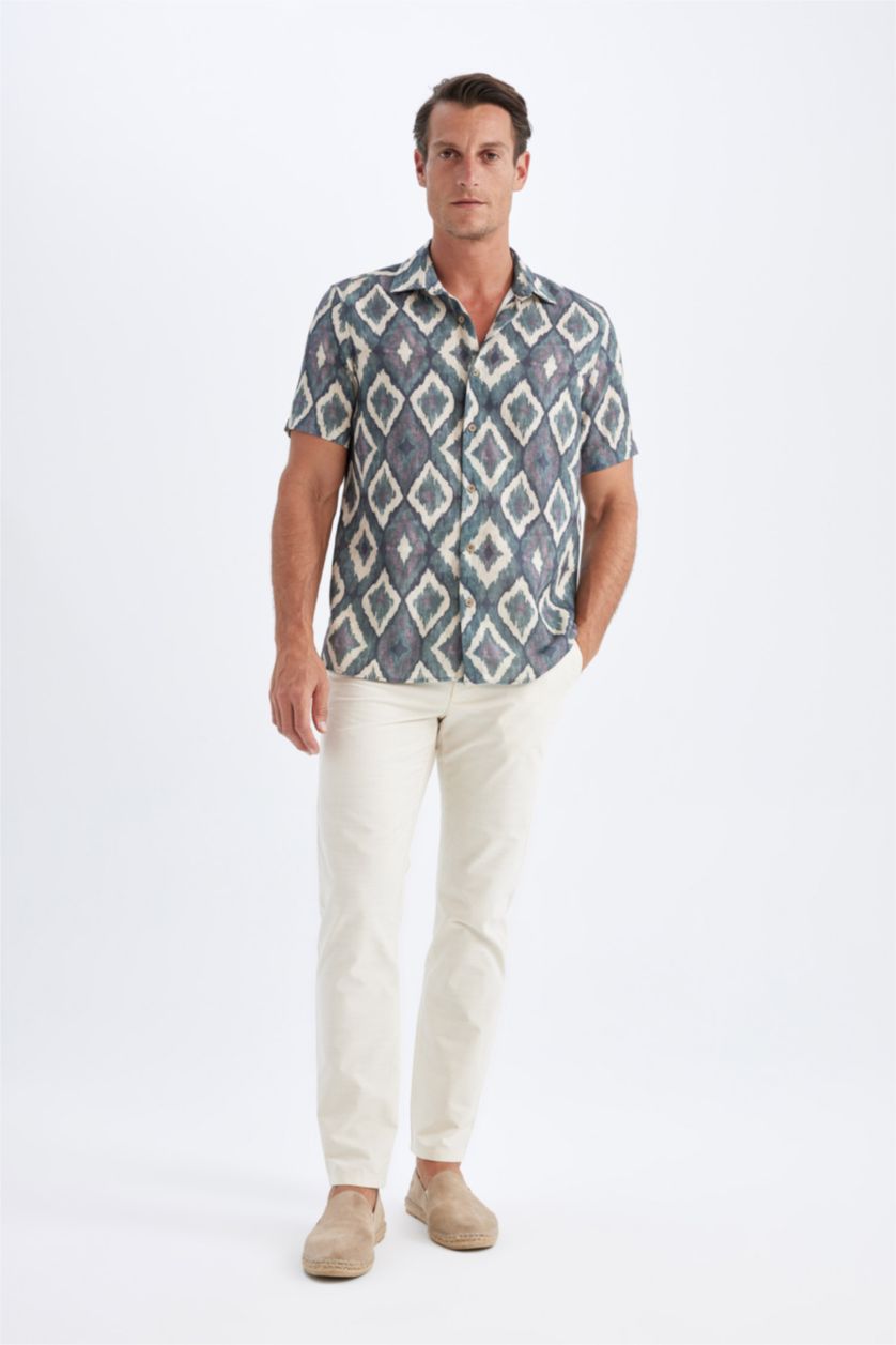 Man Light Beige Regular Fit Polo Collar Patterned Short Sleeve Shirt