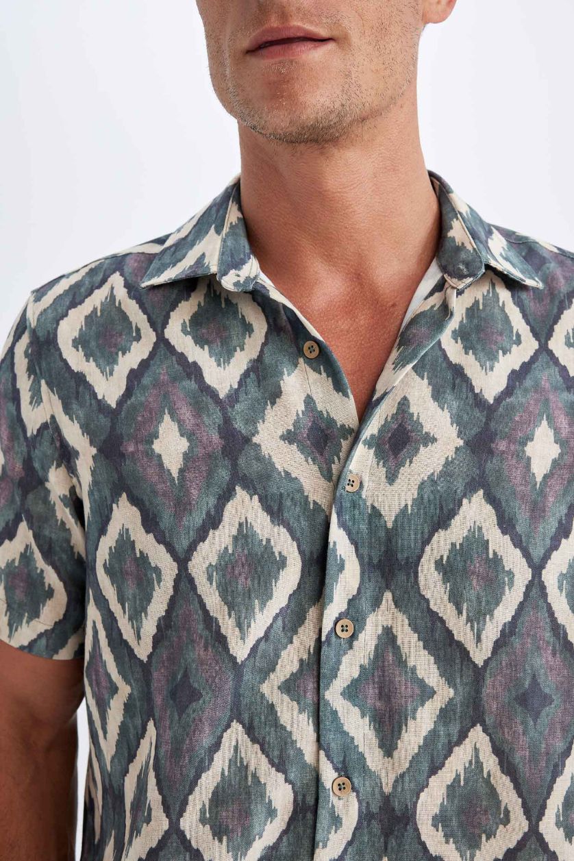 Man Light Beige Regular Fit Polo Collar Patterned Short Sleeve Shirt