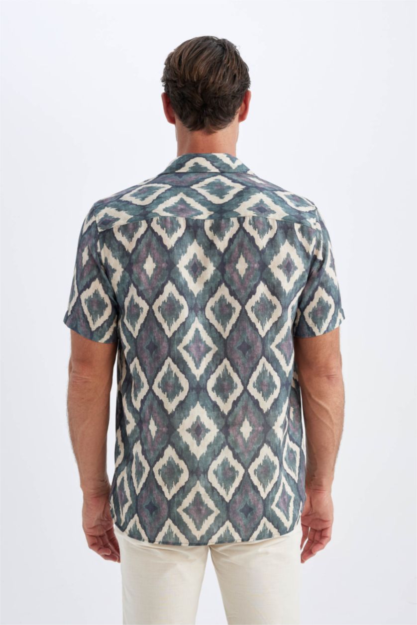 Man Light Beige Regular Fit Polo Collar Patterned Short Sleeve Shirt