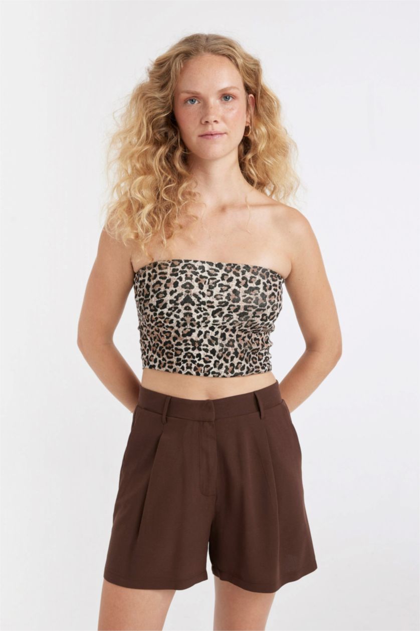 نساء أسود بلوزة سليم فيت بدون كم بفتحات للكتف بنقشة جلد الفهد