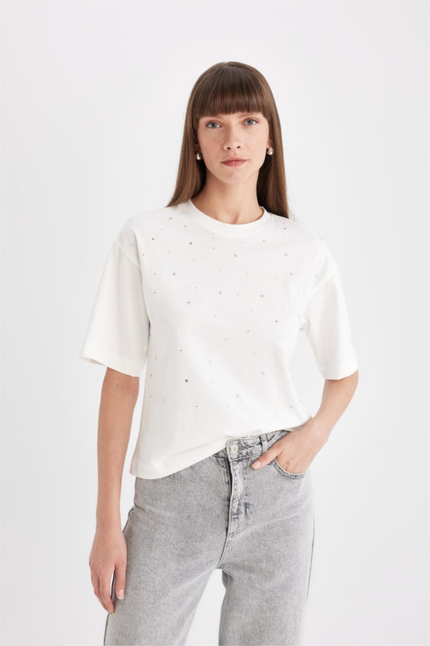 FEMME Écru T-Shirt Oversize à Manches Courtes à Col rond