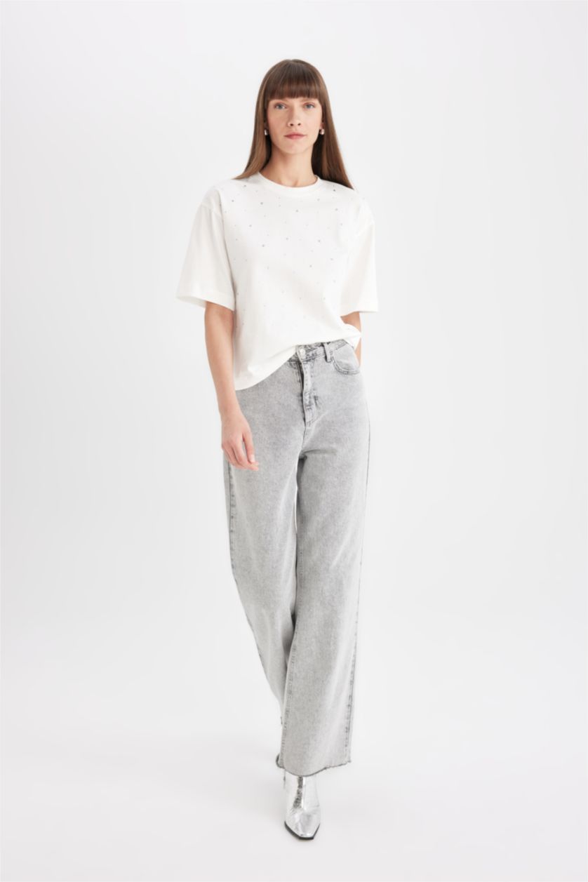 FEMME Écru T-Shirt Oversize à Manches Courtes à Col rond