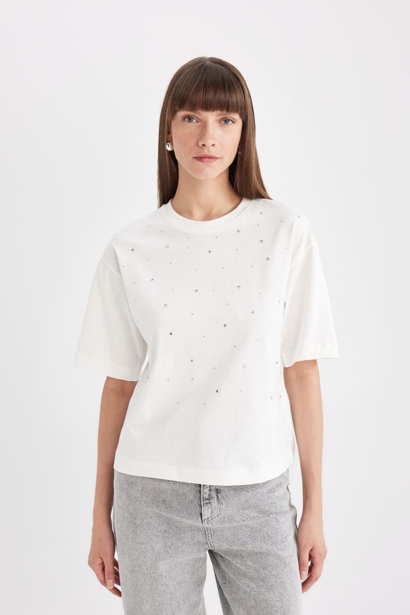 FEMME Écru T-Shirt Oversize à Manches Courtes à Col rond