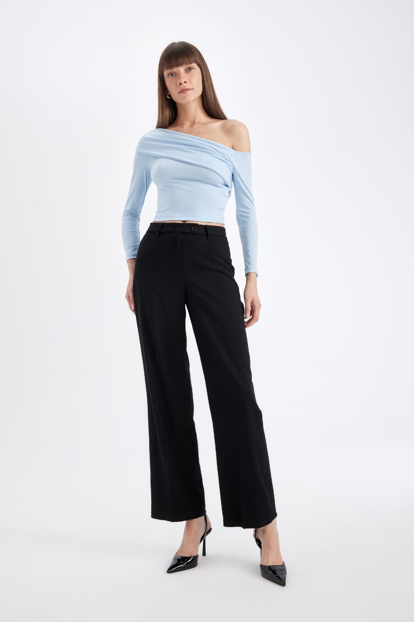 Kadın Açık Mavi Slim Fit Dar Kesim Omzu Açık Basic Düz Uzun Kollu Bluz