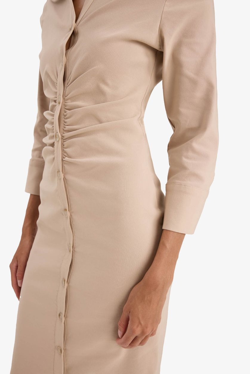 Kadın Taş Gömlek Yaka Basic Düz Düğmeli Beli Büzgülü Bengalin Yarım Kollu Elbise