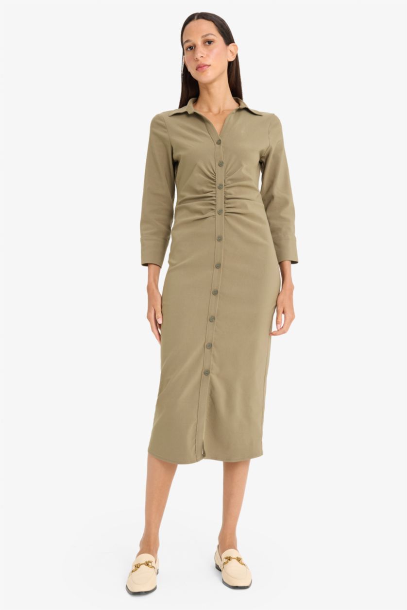 Kadın Haki Gömlek Yaka Basic Düz Düğmeli Beli Büzgülü Bengalin Yarım Kollu Elbise