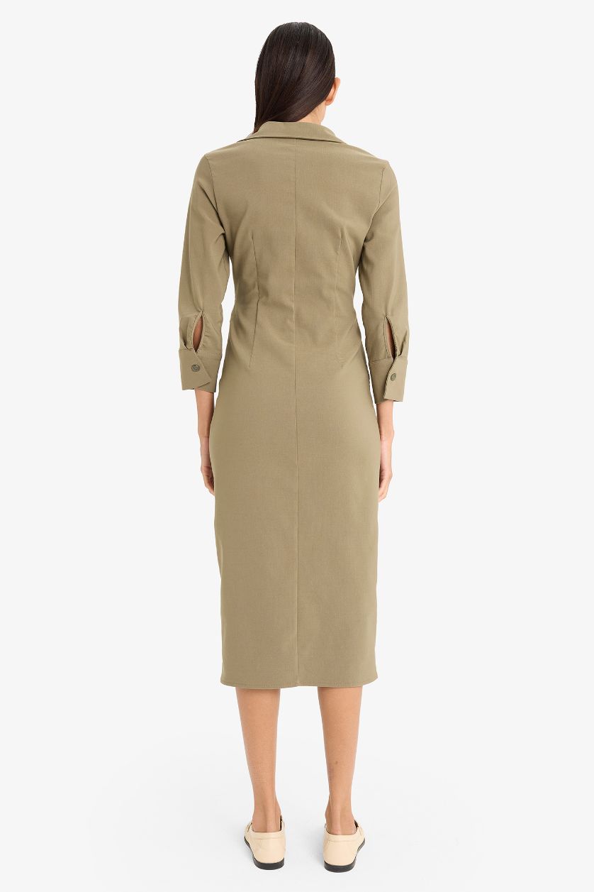Kadın Haki Gömlek Yaka Basic Düz Düğmeli Beli Büzgülü Bengalin Yarım Kollu Elbise