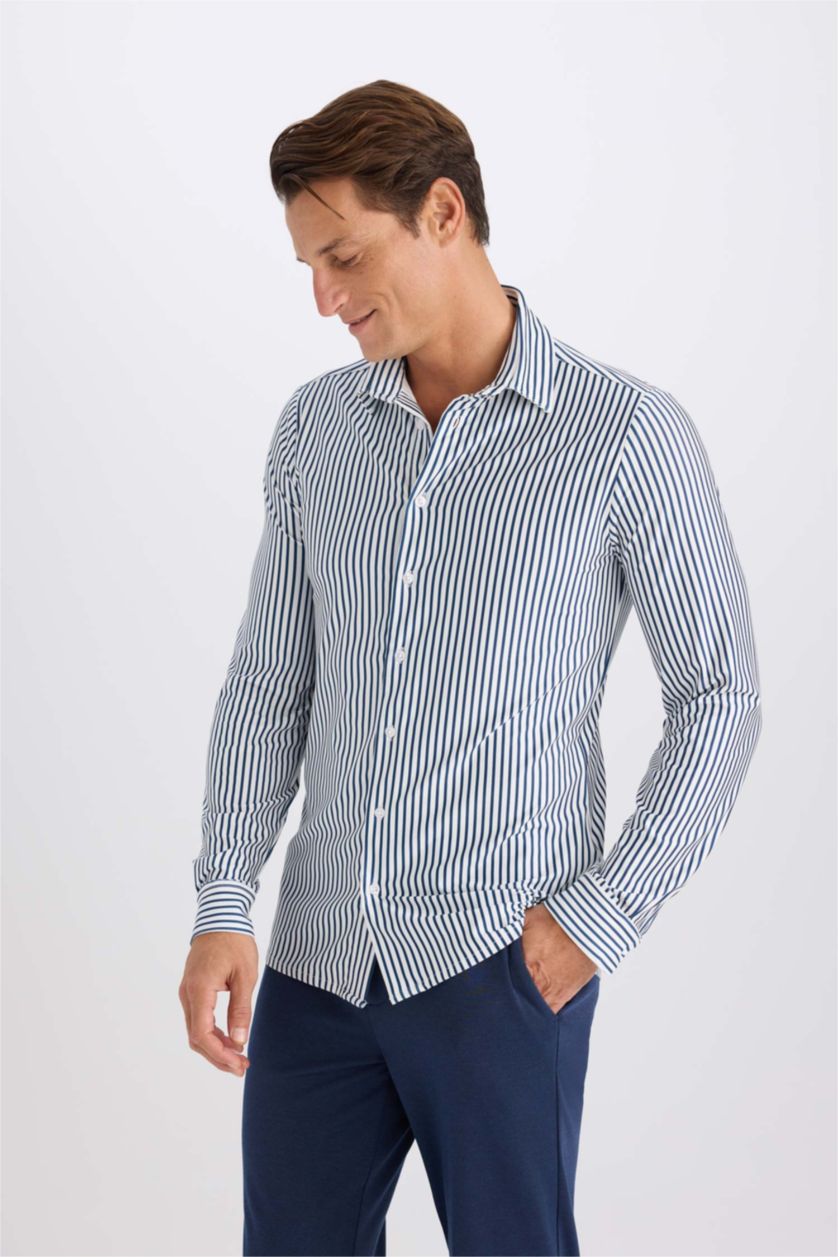 Erkek Lacivert Slim Fit Dar Kesim Polo Yaka Çizgili Uzun Kollu Gömlek