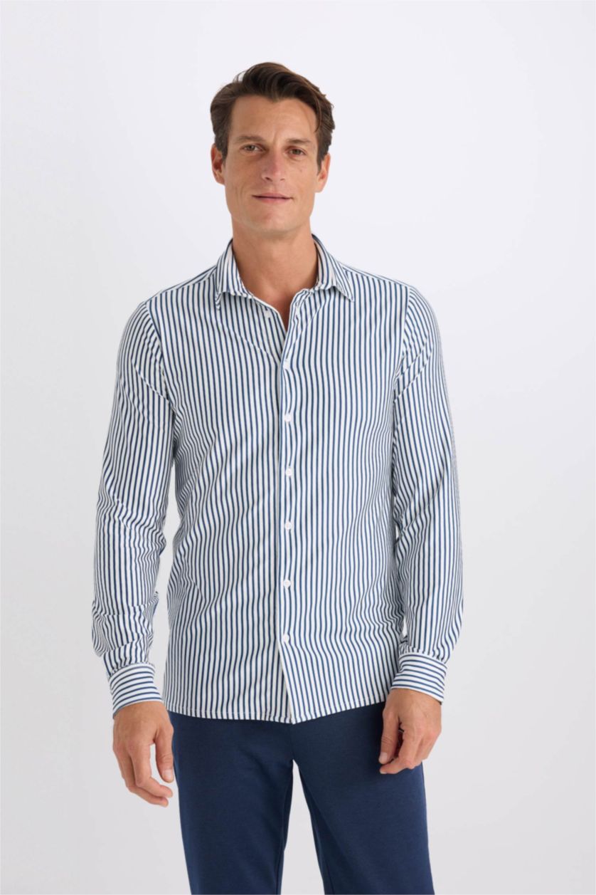 Erkek Lacivert Slim Fit Dar Kesim Polo Yaka Çizgili Uzun Kollu Gömlek