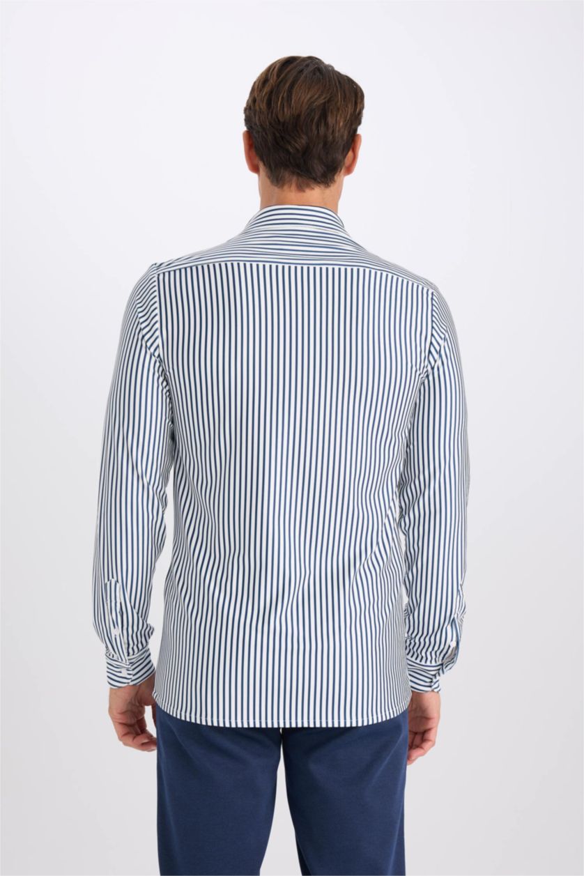 Erkek Lacivert Slim Fit Dar Kesim Polo Yaka Çizgili Uzun Kollu Gömlek