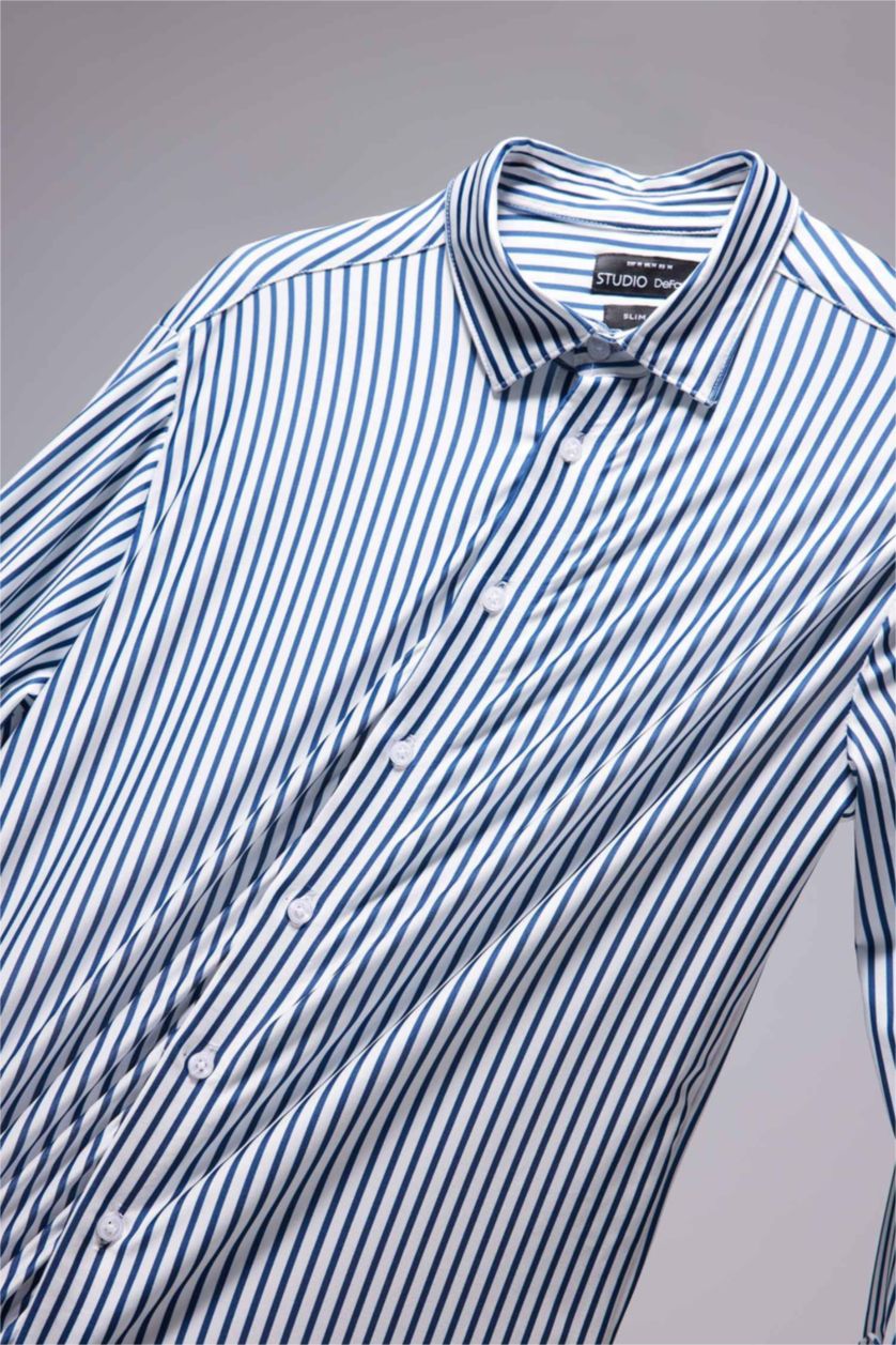 Erkek Lacivert Slim Fit Dar Kesim Polo Yaka Çizgili Uzun Kollu Gömlek