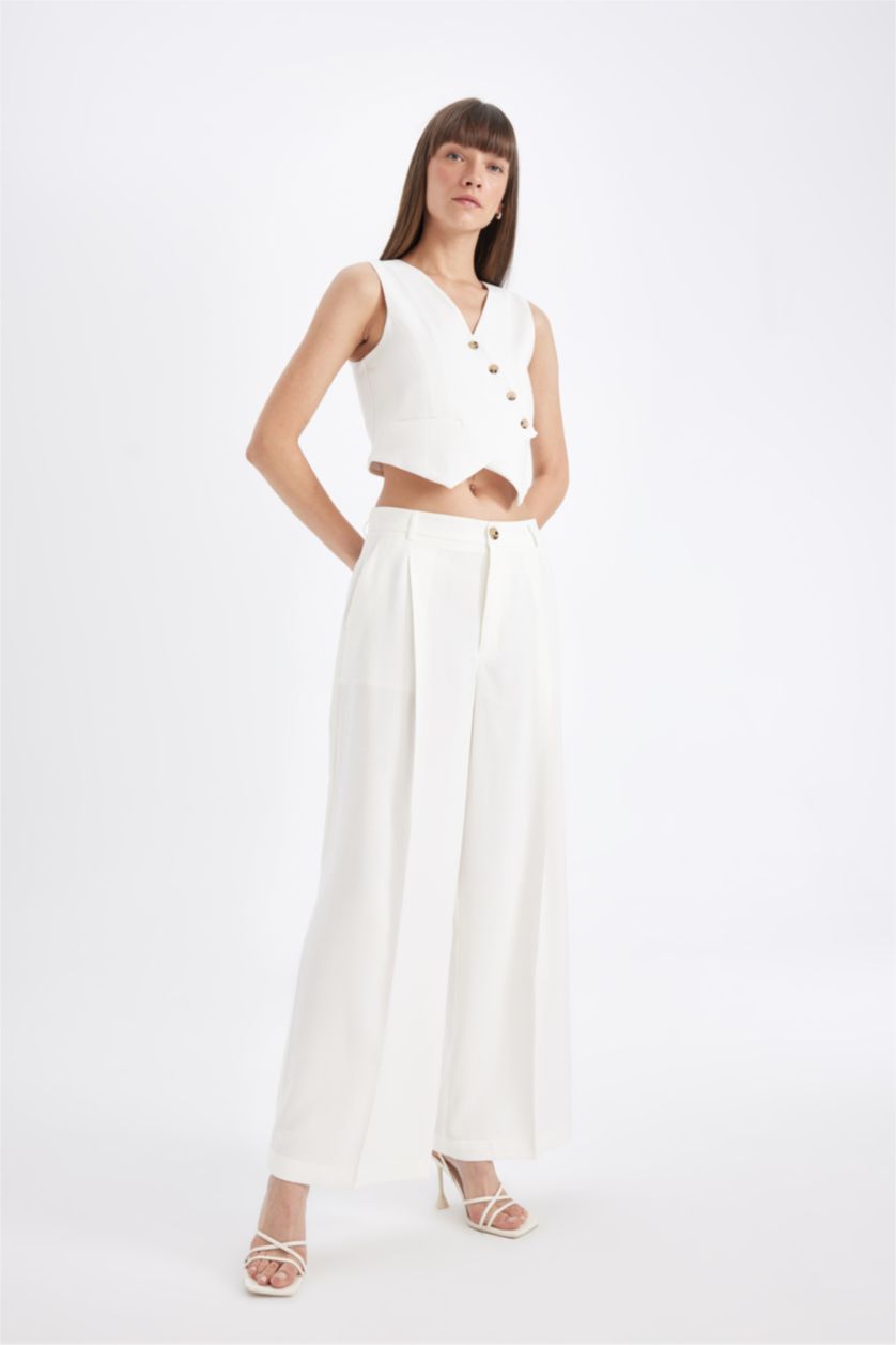 Kadın Ekru Wide Leg Piliseli Klasik Kumaş Pantolon Yüksek Bel Geniş Paça Basic Düz Tensel  Çift Cepli