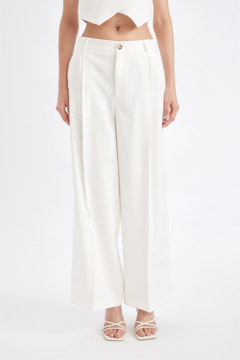 Kadın Ekru Wide Leg Piliseli Klasik Kumaş Pantolon Yüksek Bel Geniş Paça Basic Düz Tensel  Çift Cepli